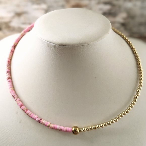 Natural Pink Sea Sediment Imperial Jasper In Assymetrical  Choker/Necklace - Picture 4 of 7